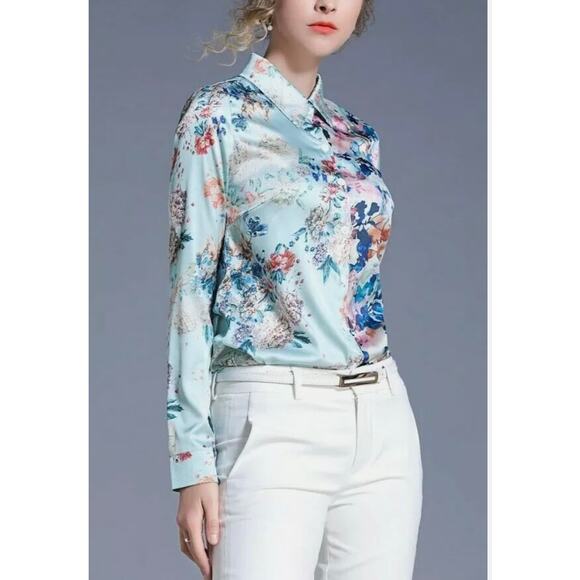LAI MENG FIVE CATS Women's M Floral Print Long Sleeves Button Down Casual Blouse - Picture 1 of 7